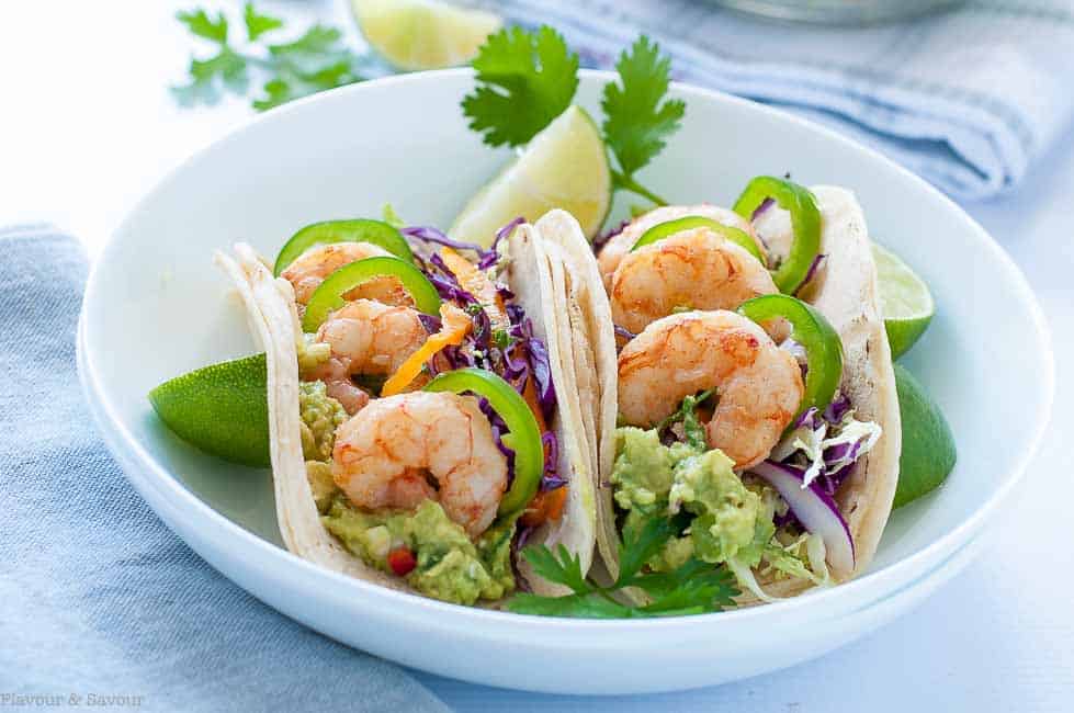 Shrimp Tacos wit Tomatillo Guacamole and Cilantro Lime Slaw