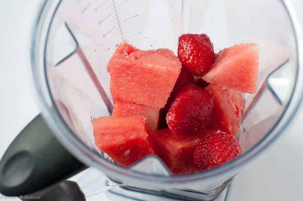 Frozen Fruit in Vitamix for Strawberry Watermelon Sangria Slushie