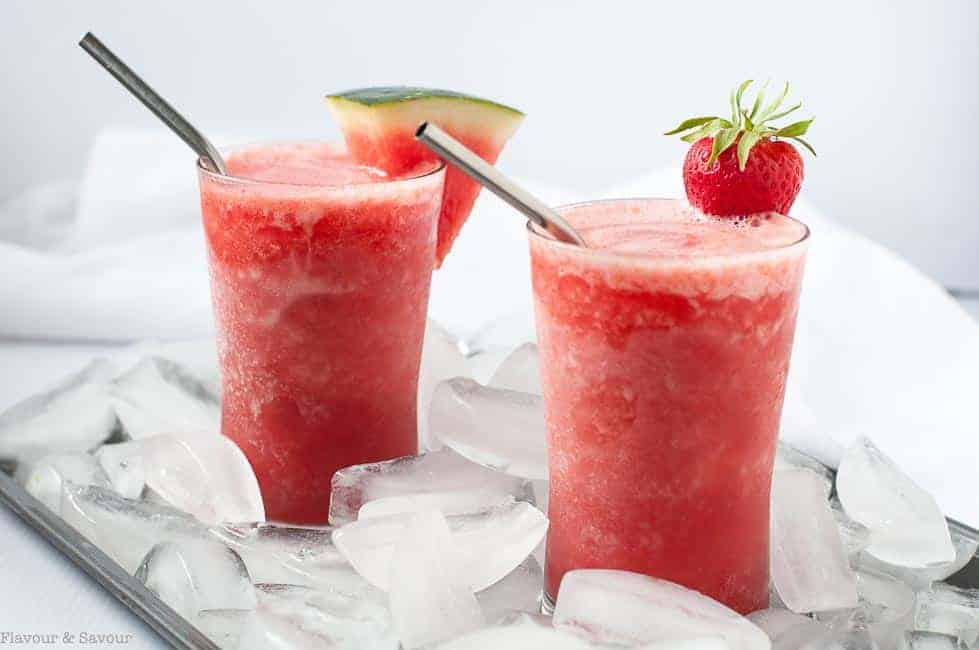 Strawberry Watermelon Sangria Slushie on a bed of ice