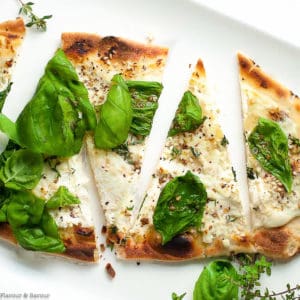 overhead view of Whipped Goat Cheese Sesame Flatbread with Za'atar