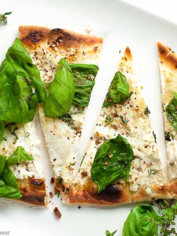 overhead view of Whipped Goat Cheese Sesame Flatbread with Za'atar