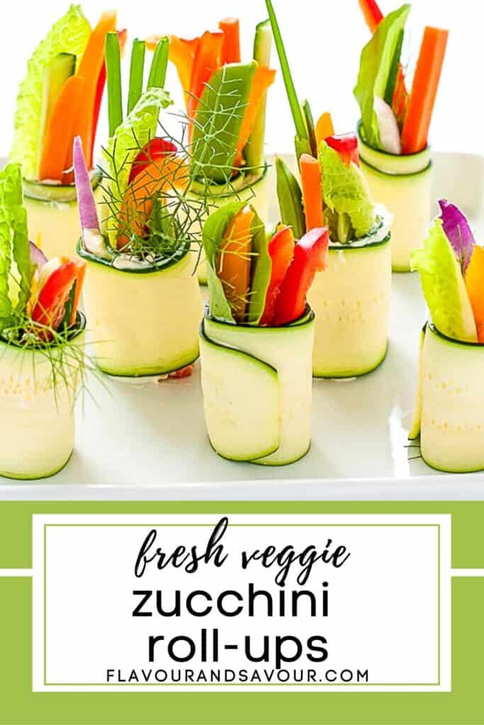 Image with text for Fresh Veggie Zucchini Roll-ups appetizers.