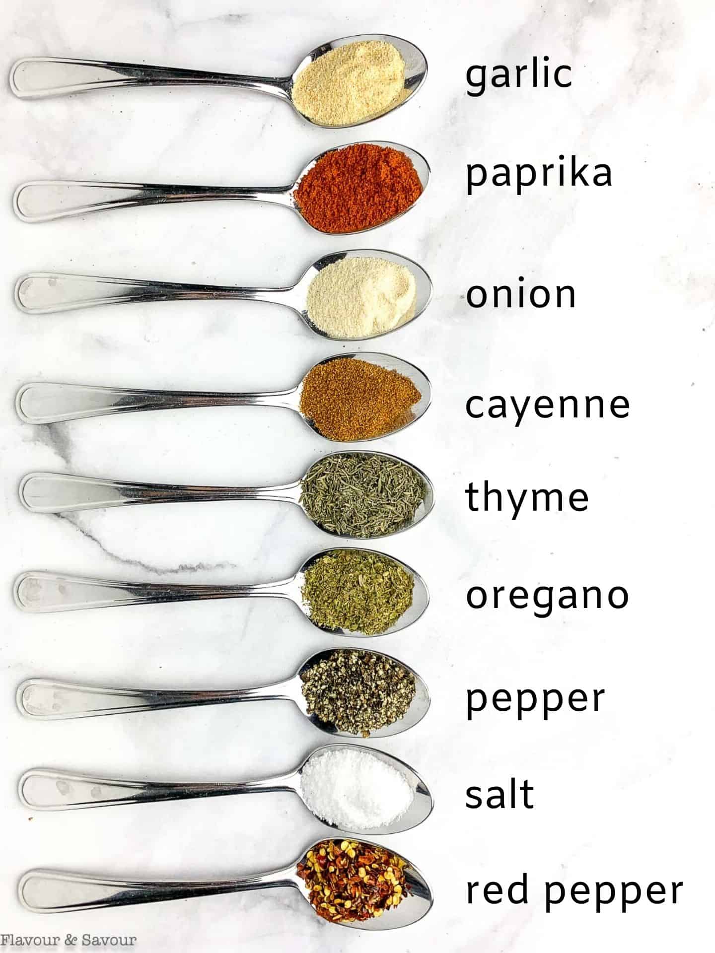 List of ingredients for Cajun Seasoning Mix with ingredients in the bowls of spoons.