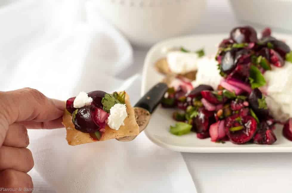 Fresh Cherry Salsa with goat cheese on crackers