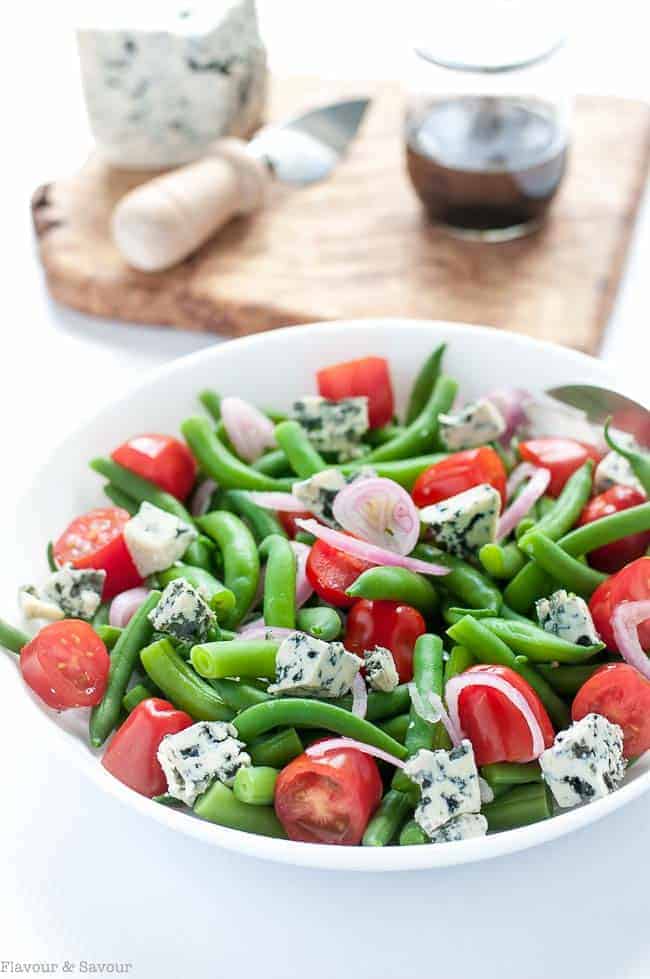 Crisp-tender fresh green beans, sweet cherry tomatoes, spicy shallots and sharp blue cheese combine to make every mouthful of this Green Bean Blue Cheese Salad an adventure!
