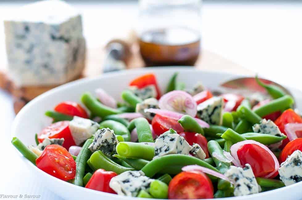Crisp-tender fresh green beans, sweet cherry tomatoes, spicy shallots and sharp blue cheese combine to make every mouthful of this Green Bean Blue Cheese Salad an adventure!
