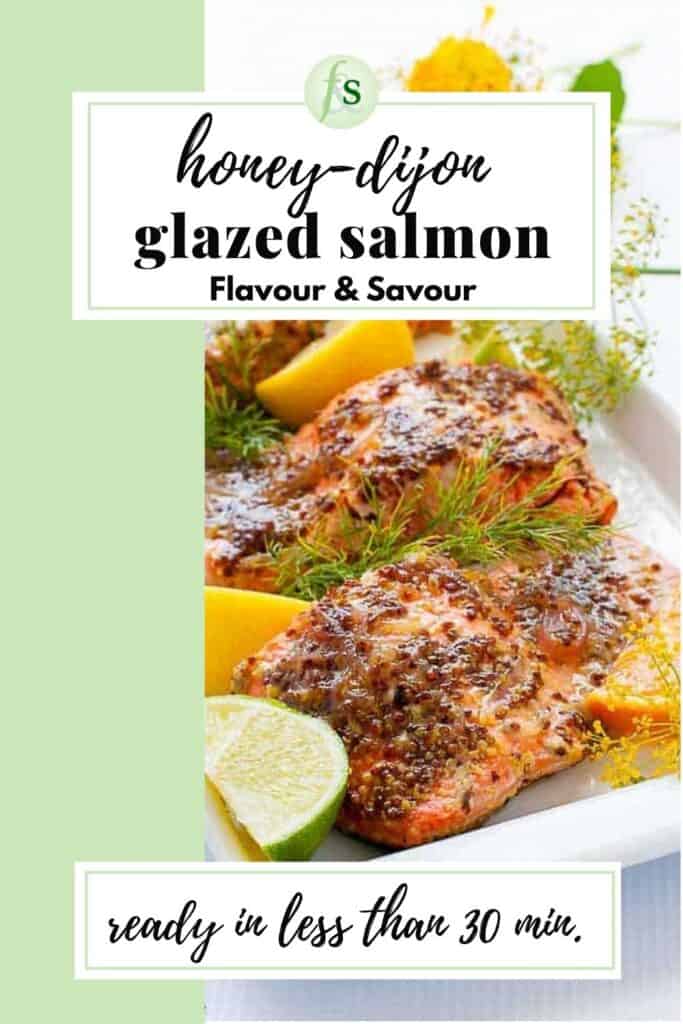 Image with text overlay for honey dijon glazed salmon