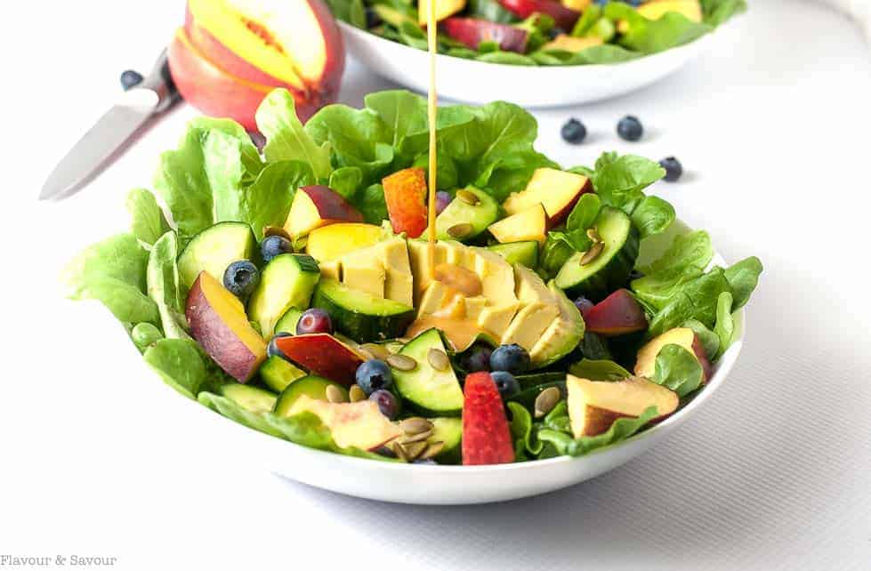 Sweet stone fruit, creamy avocados, and crisp cucumbers drizzled with a smoky dressing make a superb summertime salad. |www.flavourandsavour.com