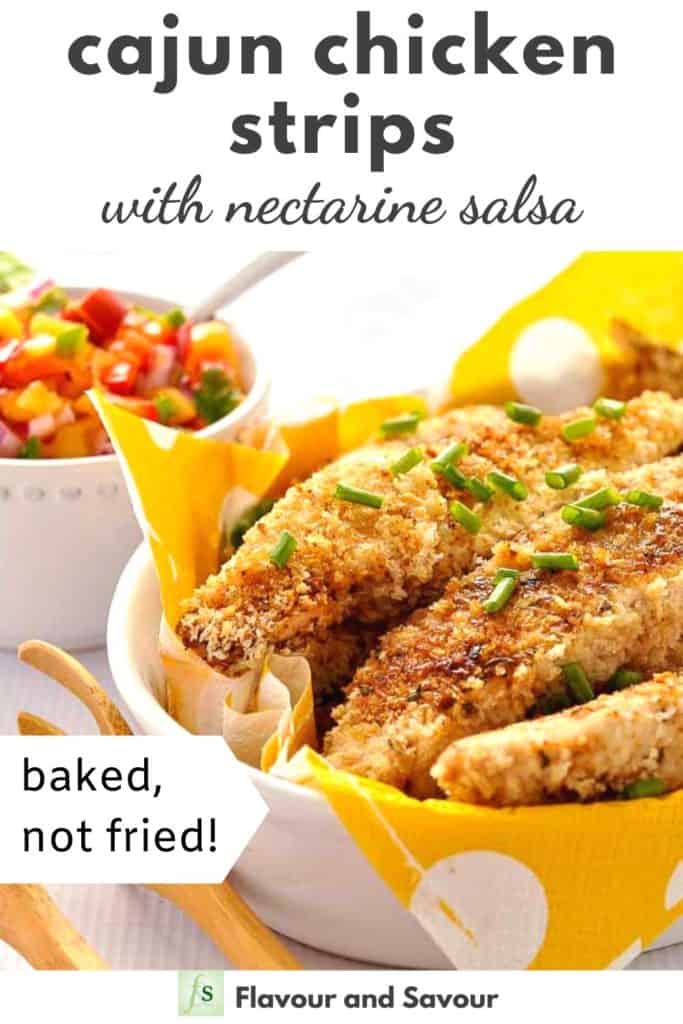 Pinterest Pin for Cajun Chicken Strips with nectarine salsa
