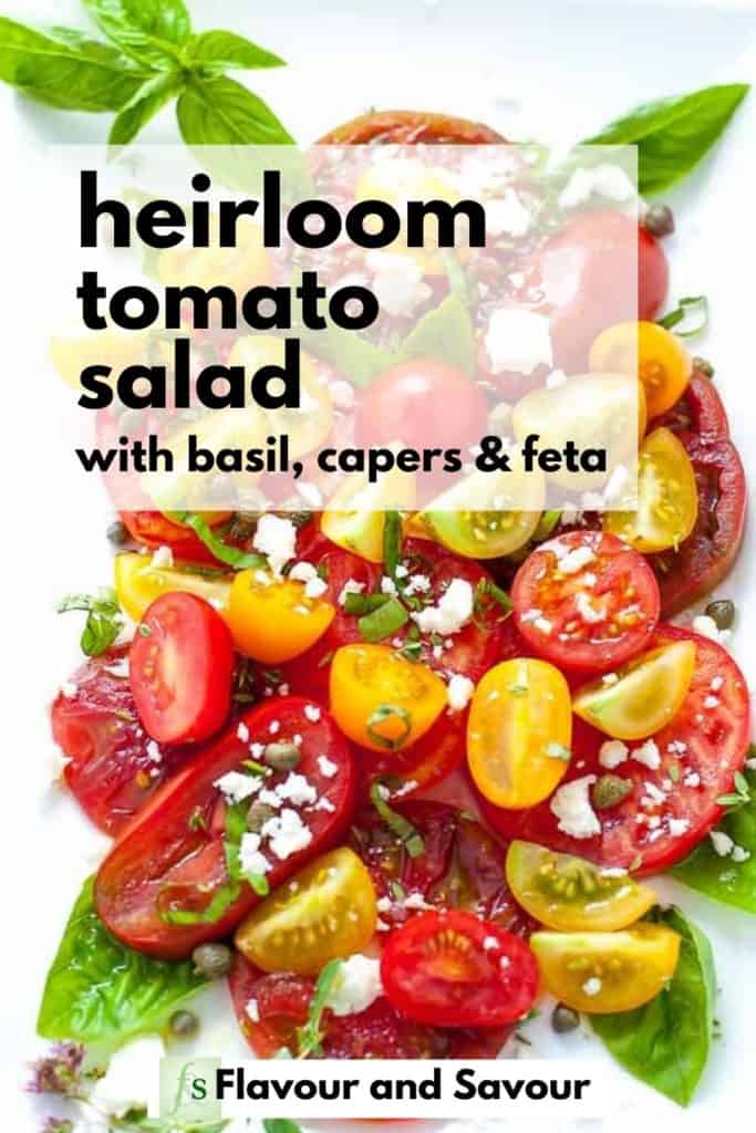 Pinterest Pin for Heirloom Tomato Salad with text overlay