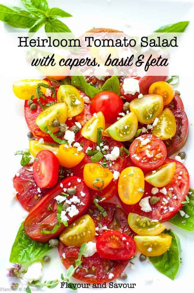 Heirloom Tomato Salad with Basil, Capers and Feta with text overlay
