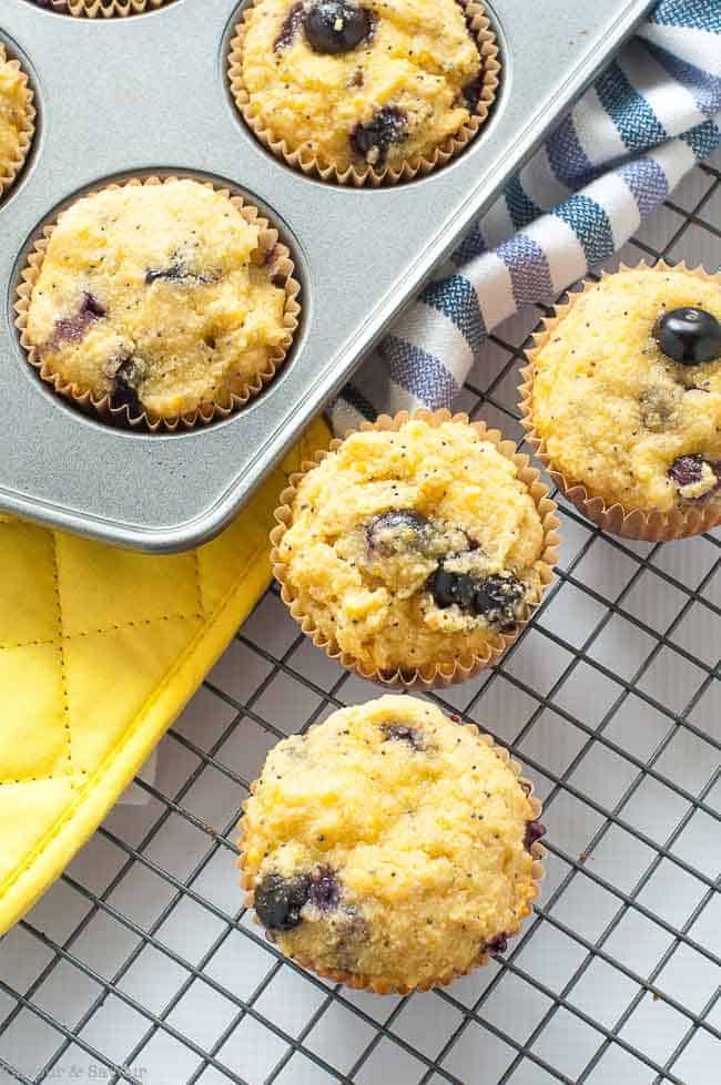 These Paleo Blueberry Lemon Poppy Seed Muffins are made with almond flour, honey, and fresh blueberries. They're light and lemony!