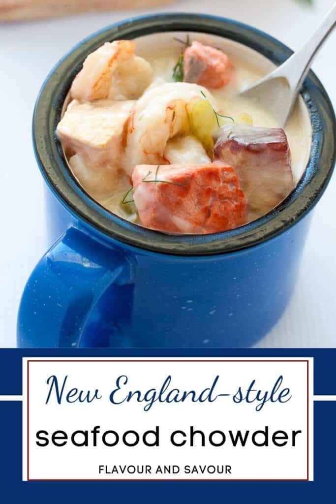 image with text for New England-style seafood chowder