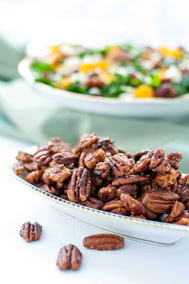 20-minute Caramel Spiced Pecans. Delicious as a snack, as a salad topper, or as a hostess gift! |www.flavourandsavour.com