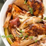 One Pan Chicken with Prosciutto Pears and Parmesan with fresh thyme sprigs
