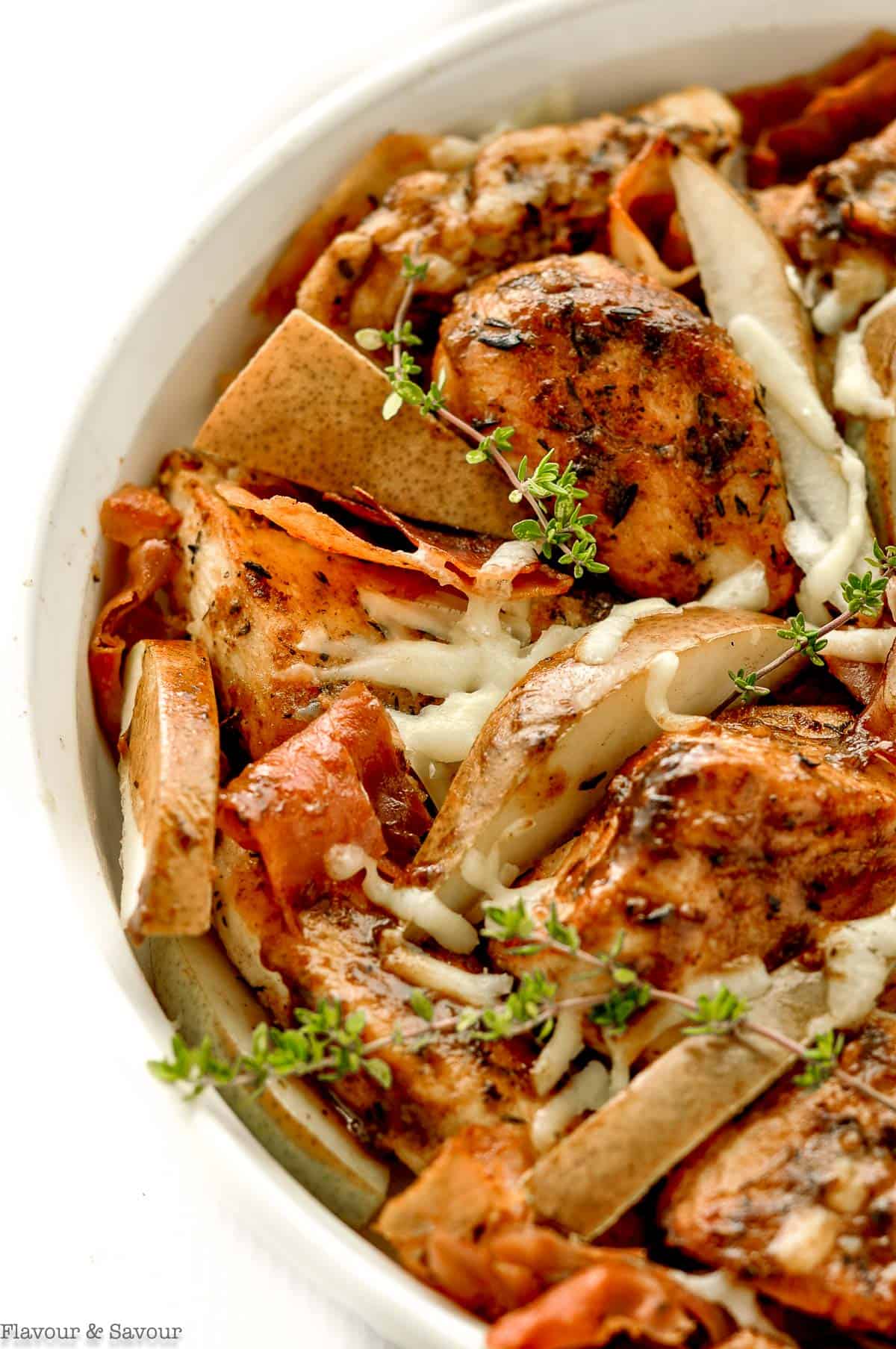 One Pan Chicken with Prosciutto Pears and Parmesan close up view