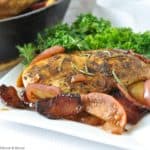 One pan spiced apple chicken with bacon with curly kale.