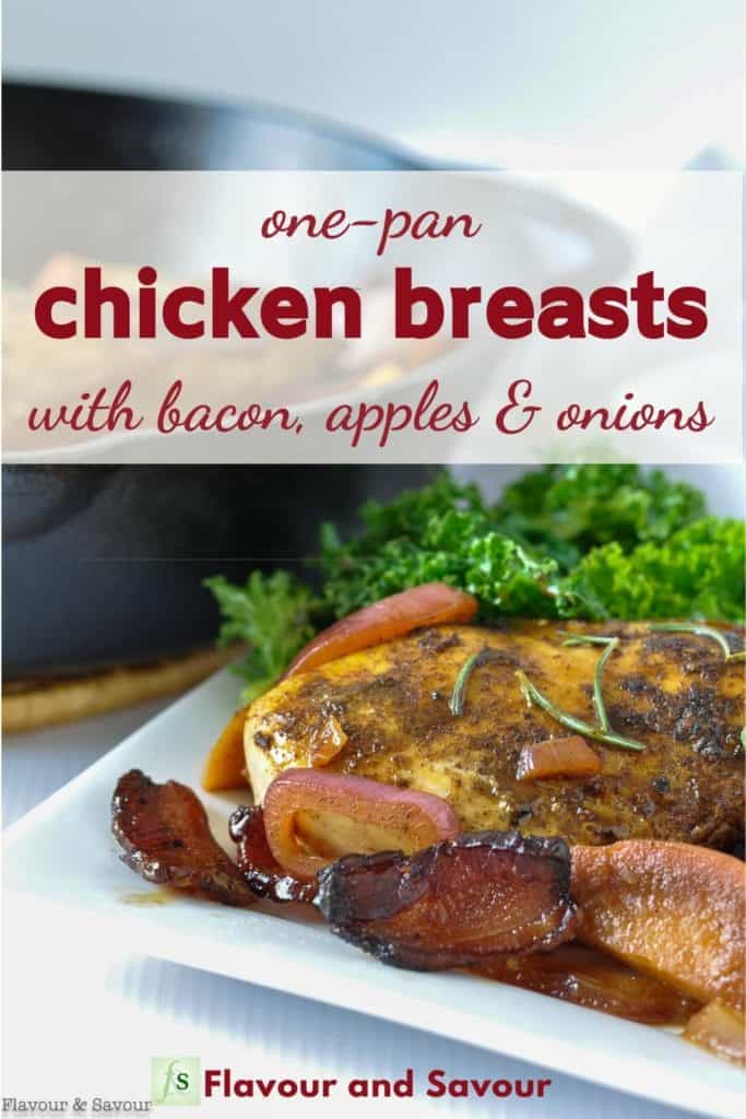 Chicken Breasts on a plate with cast iron skillet in the background with text overlay