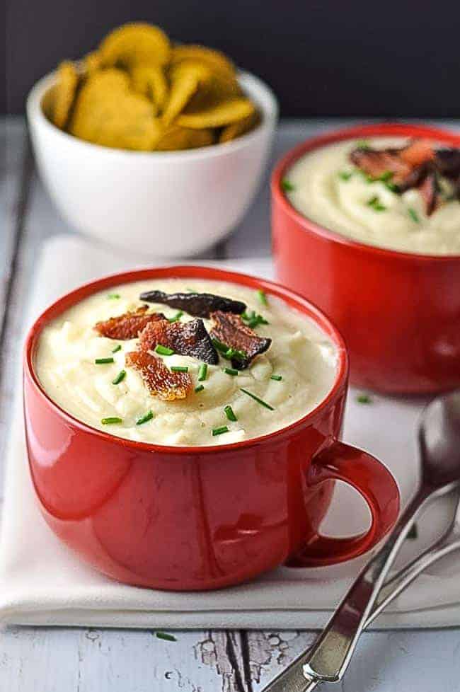 Roasted Cauliflower Soup in a red bowl