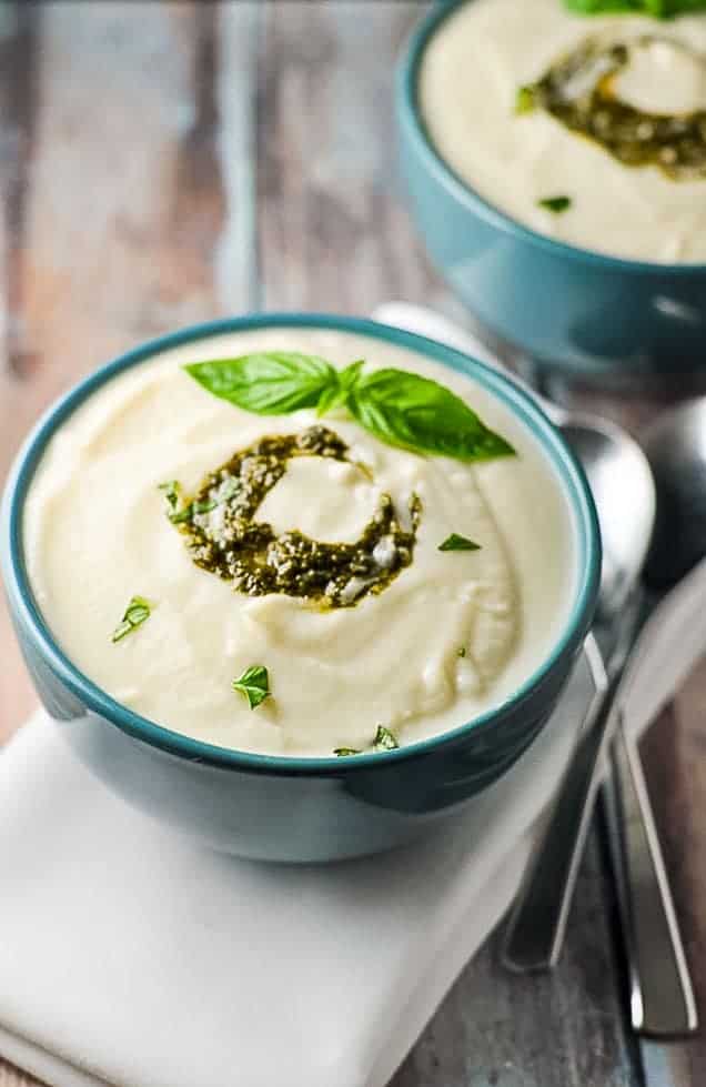 Comforting Dairy-Free Soup Recipe. Roasted Cauliflower Soup with Basil and Pesto
