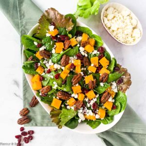 Overhead image of Spinach Salad with Roasted Butternut Squash, Cranberries and Feta