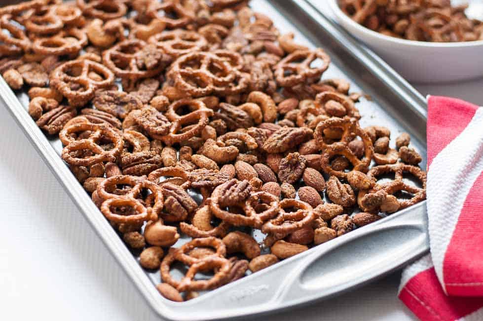 Sweet and Spicy Pretzel Nut Snack Mix ready to package as a gift from the kitchen.