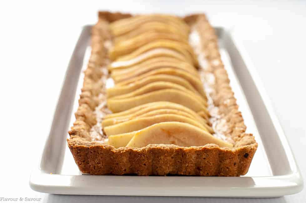 Gluten Free Cinnamon Pear Tart with Caramel Sauce in a rectangular crust