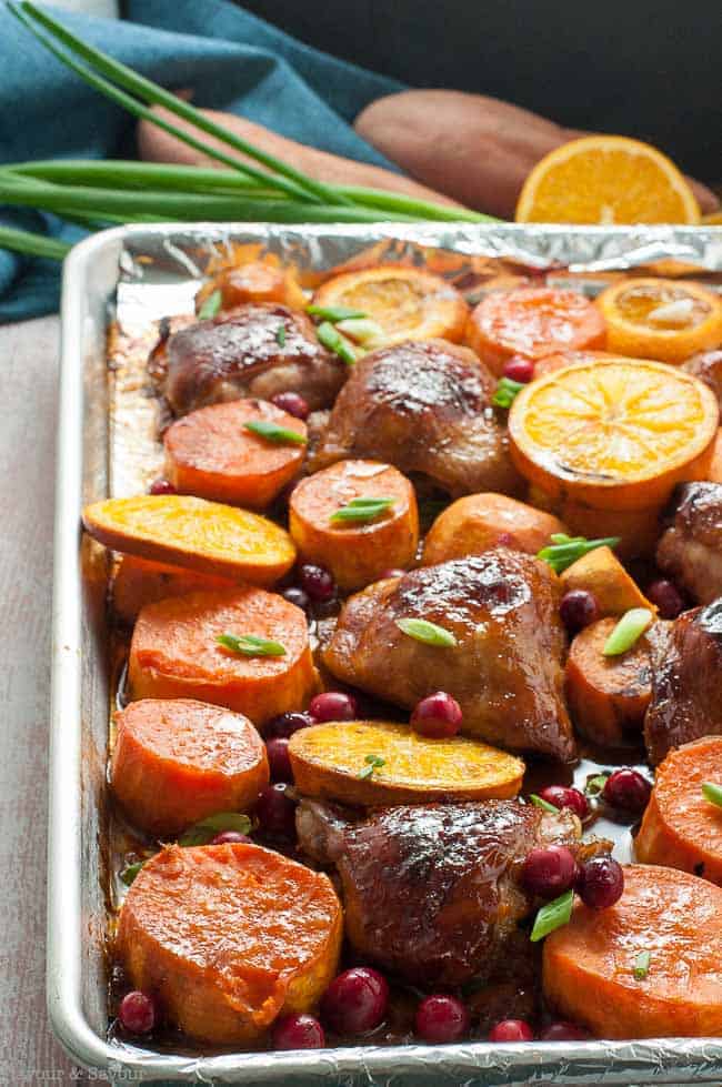 Hoisin Orange Sheet Pan Chicken roasted with fresh cranberries