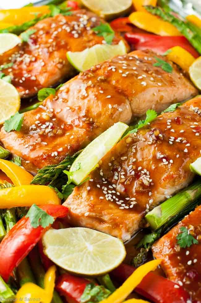 Close up view of Thai Chili Sheet Pan Salmon after baking.