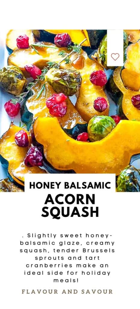 Image with text for honey balsamic roasted acorn squash and Brussels sprouts.