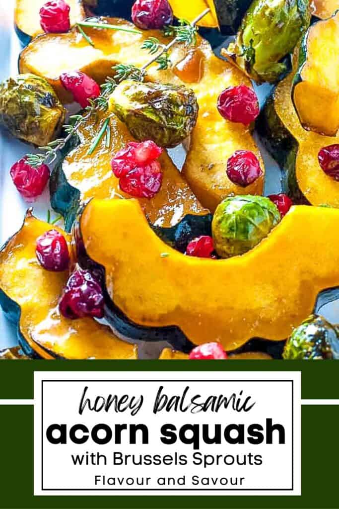 Image with text for honey balsamic roasted acorn squash.