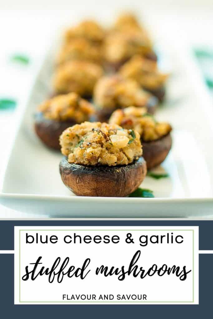 image with text for blue cheese stuffed mushrooms