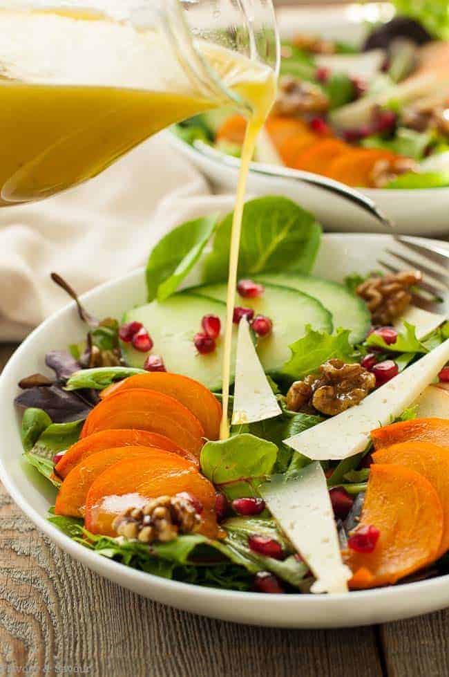 Persimmon Pomegranate Salad with Maple Walnuts and Honey Dijon Dressing