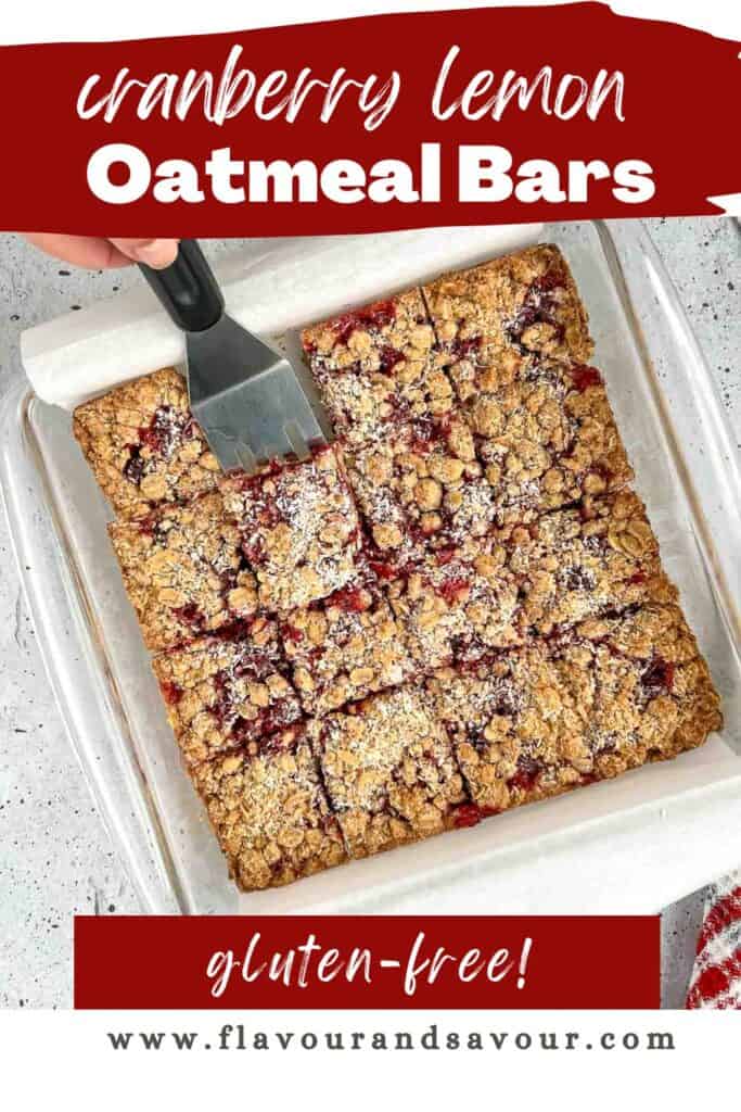 Image with text for cranberry lemon oatmeal bars.