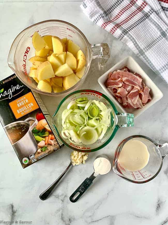 Ingredients for Potato Leek Soup with bacon.