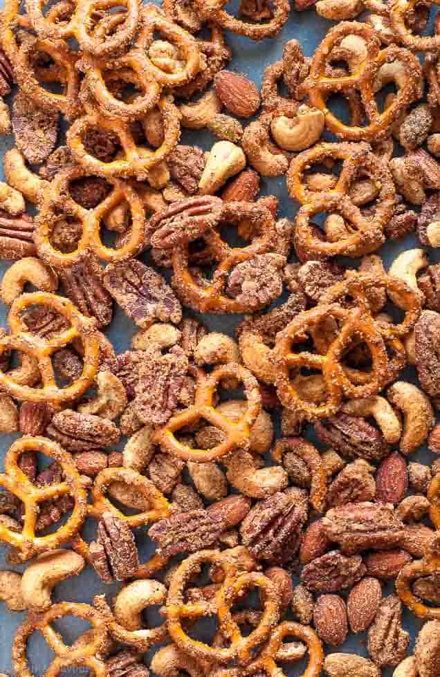 Pretzel Nut Snack Mix on baking tray.