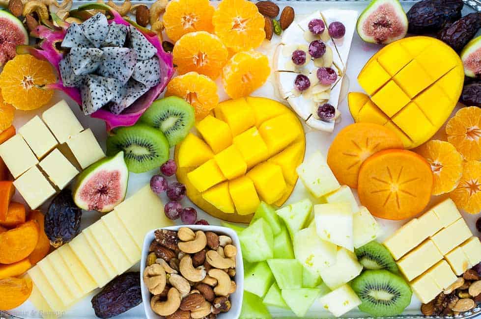 Overhead view of Tropical Fruit, Nut and Cheese Platter