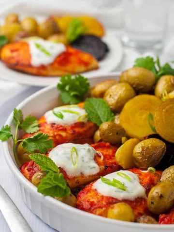 Harissa Chicken Sheet Pan Supper ready to serve