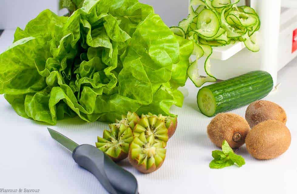 Ingredients for Kiwi Cucumber Salad with Walnuts and Fresh Mint.