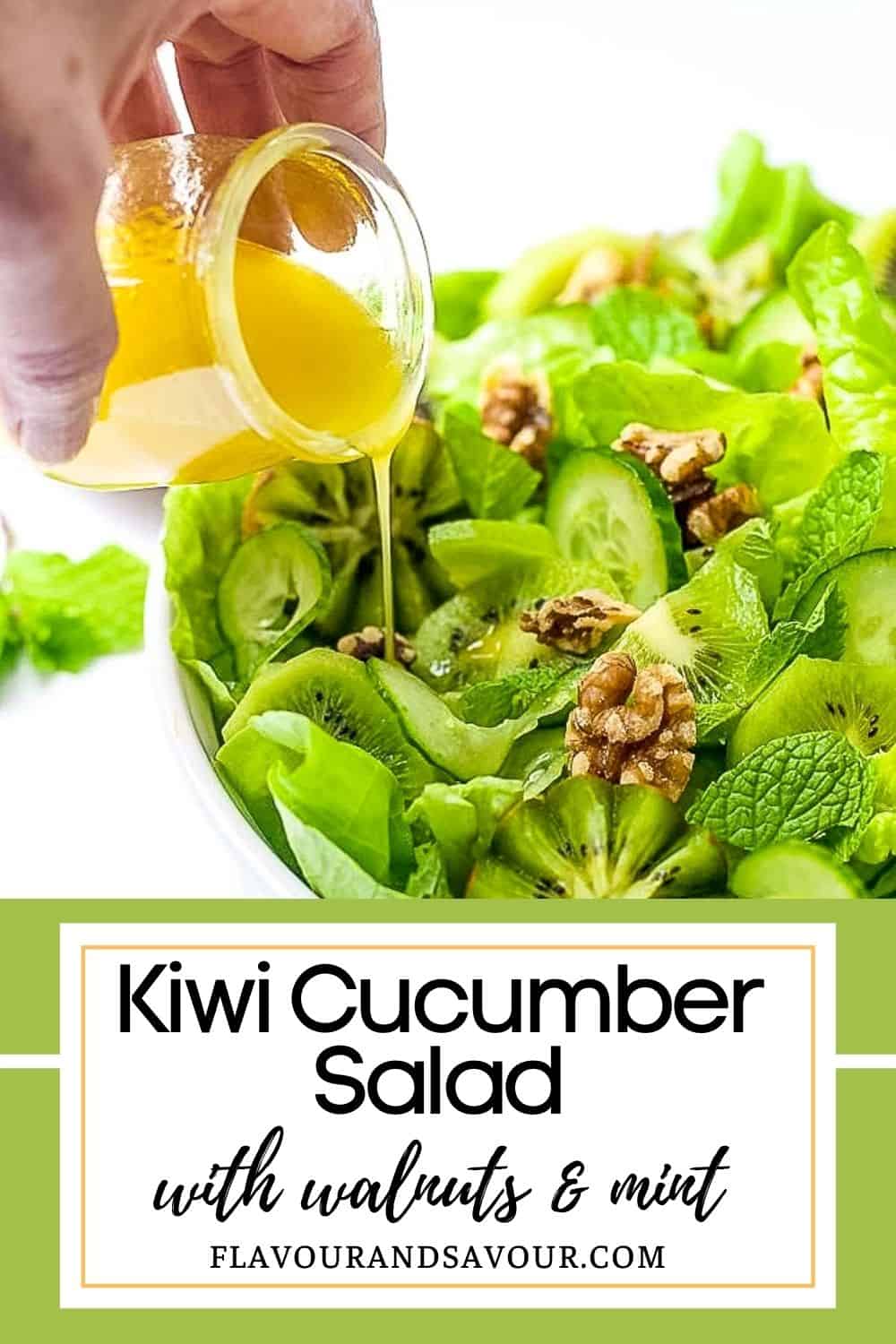 image and text for kiwi cucumber salad with walnuts and fresh mint