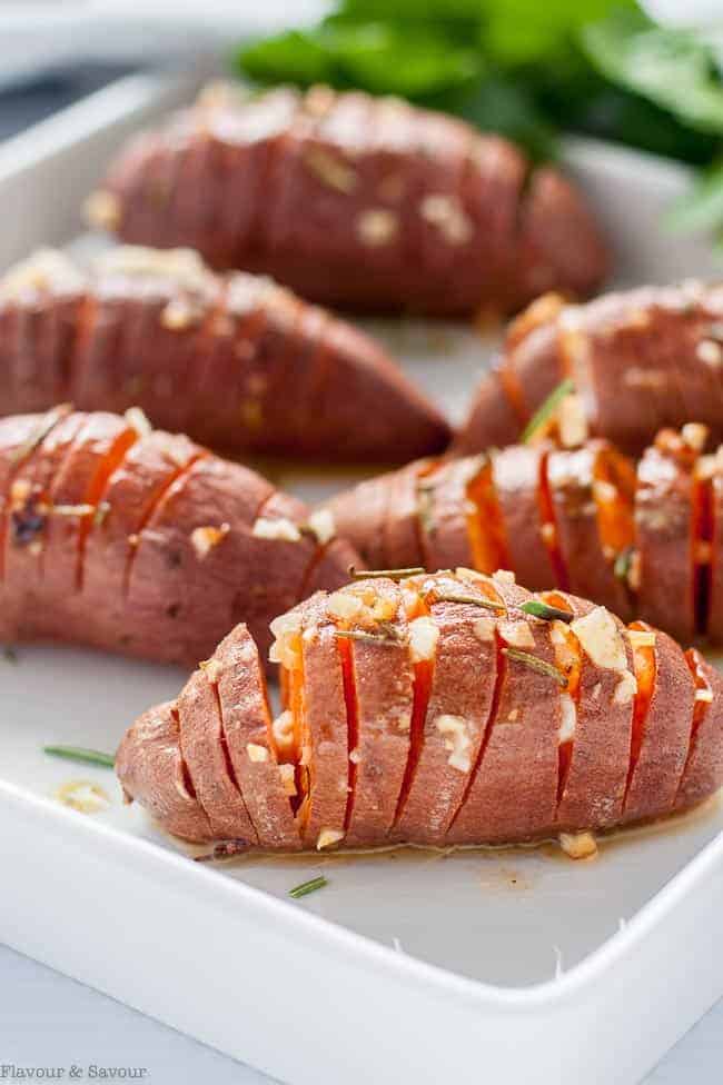 Baby Hasselback Sweet Potatoes with Garlic Herb Butter