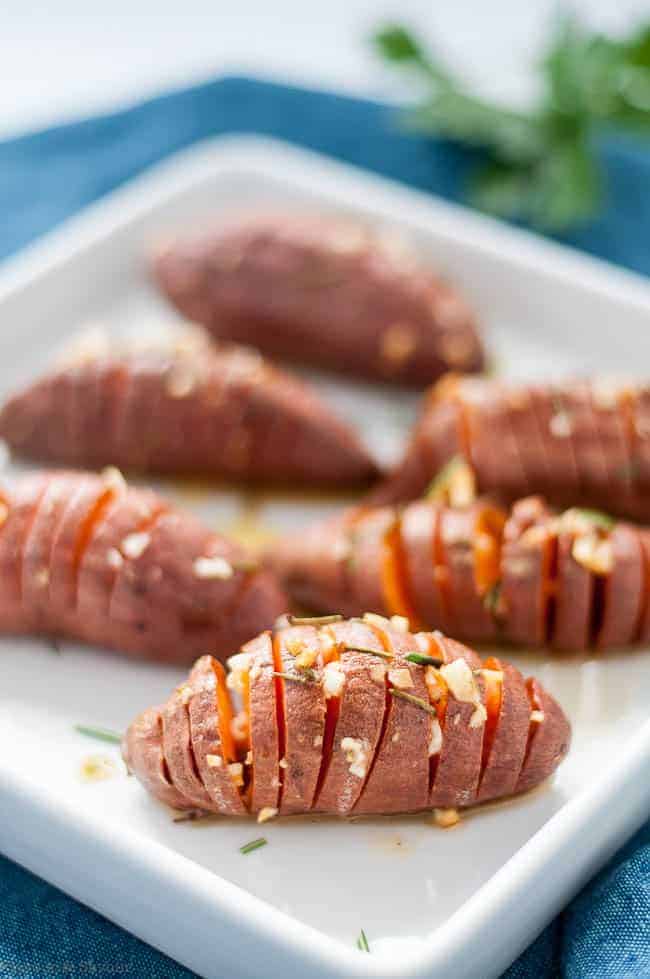 Baby Hasselback Sweet Potatoes with Garlic Herb Butter