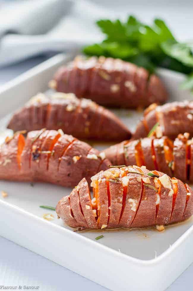 Baby Hasselback Sweet Potatoes with Garlic Herb Butter