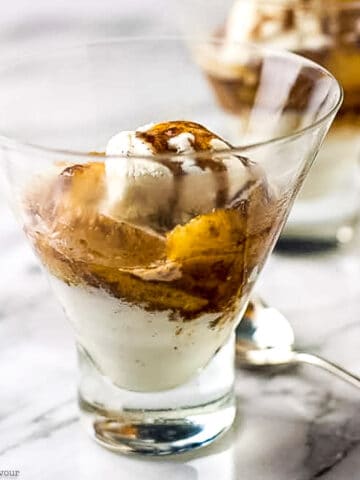 Bananas Flambé with ice cream in a dessert glass