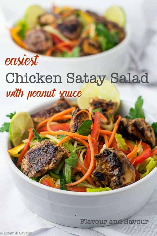 Easiest Chicken Satay Salad. Here's a weeknight-friendly dinner salad full of crisp crunchy vegetables, grilled chicken and a light peanut sauce dressing. 