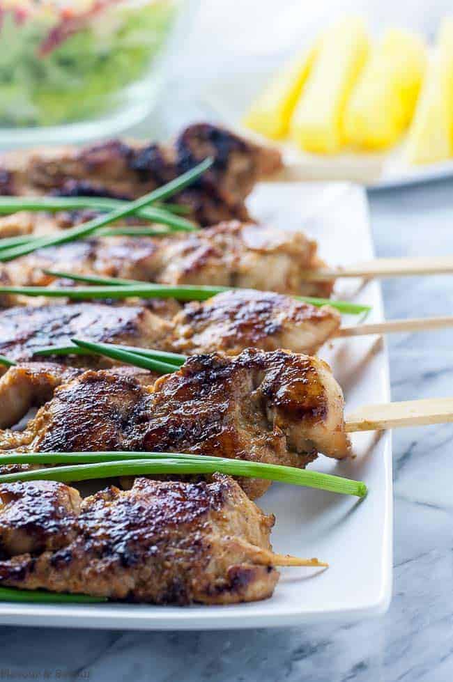 Korean Ginger-Garlic Glazed Chicken Skewers ready to serve