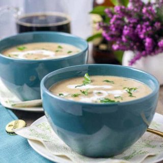 Creamy Roasted Garlic Irish Potato Soup with a mug of Guinness