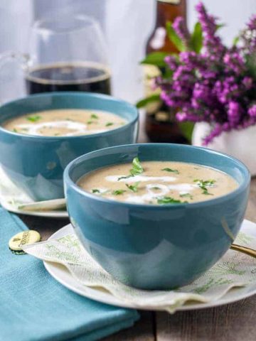 Creamy Roasted Garlic Irish Potato Soup with a mug of Guinness