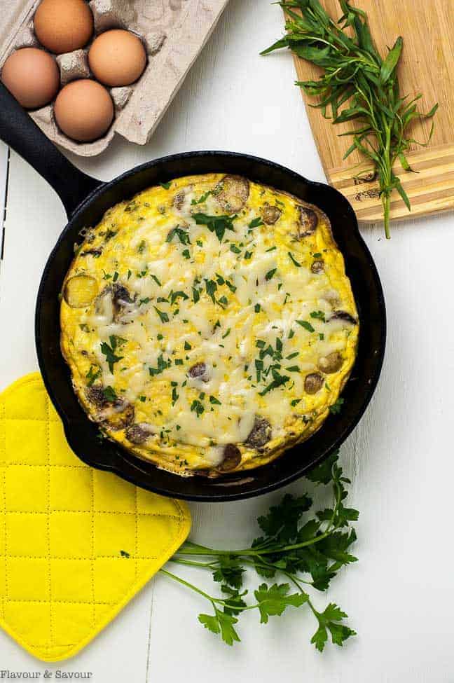 Double Cheese Asparagus Leek Frittata in skillet 