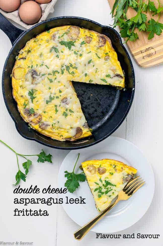 Image with text for double cheese asparagus leek frittata.